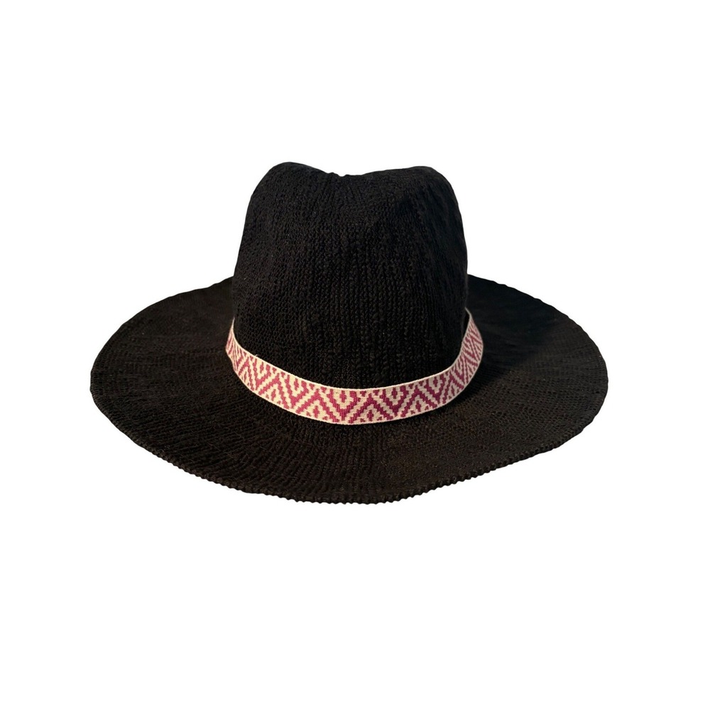 Hollister Y2K Womens Black Knit Wide Brim Hat With Aztec Band‎ One Size Festival
